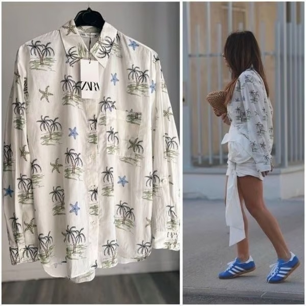 Zara White Shirt with Tropical Motif